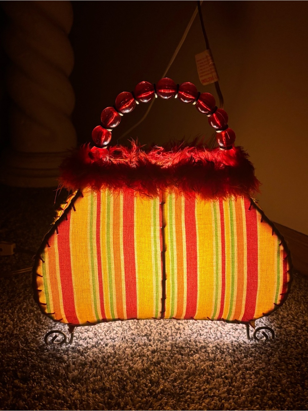 Striped Red and Orange Handbag Lamp with Beaded Handle